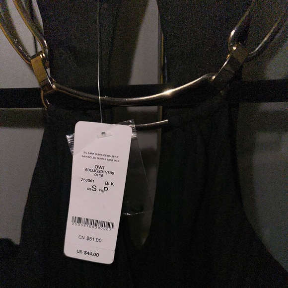 NWT BEBE Black Pinstripe Surplice Halter Top with Gold Neck Detail size Small - Picture 3 of 7